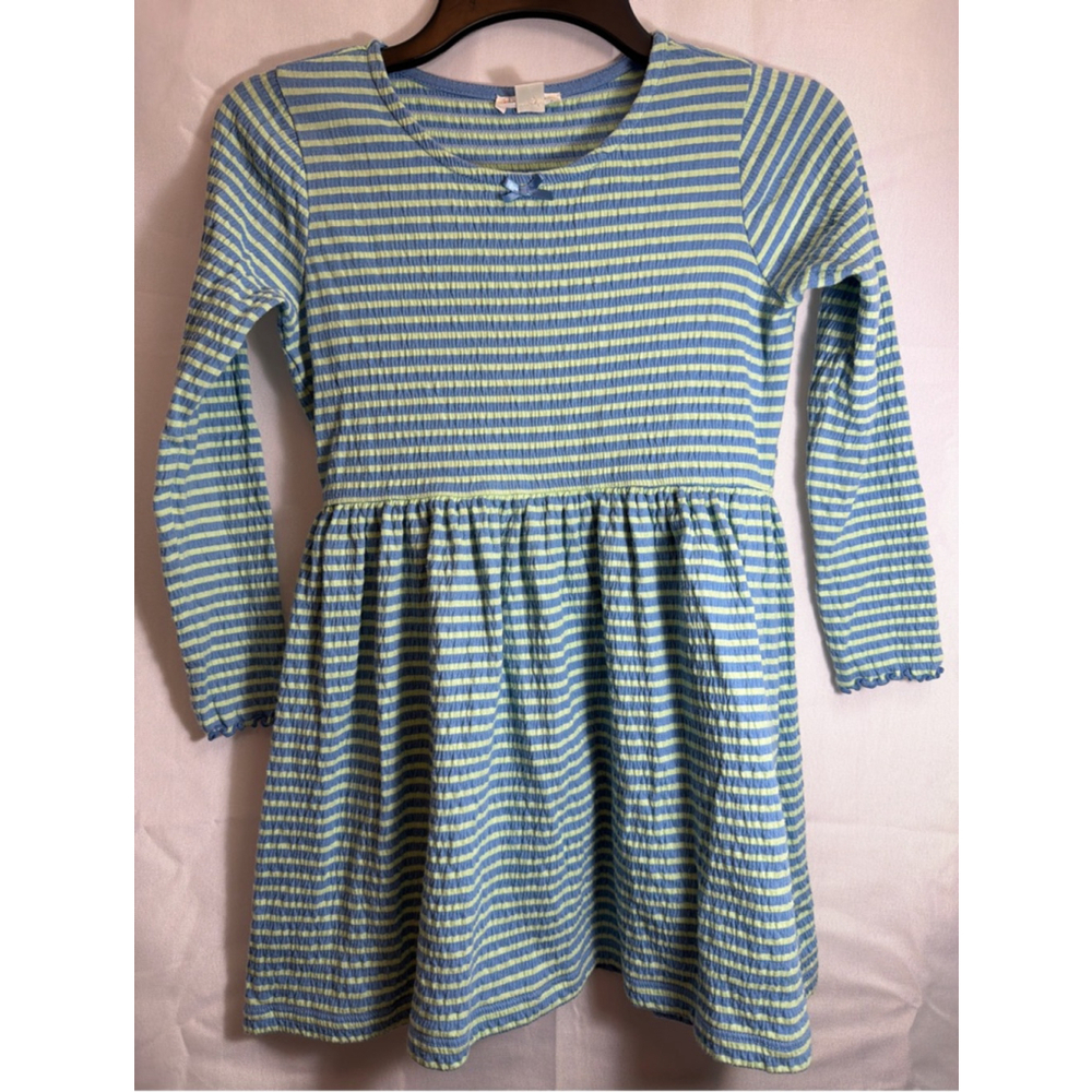 Crewcuts Girls Dress 6 Blue Green Striped Lightweight Long Sleeve Seersucker